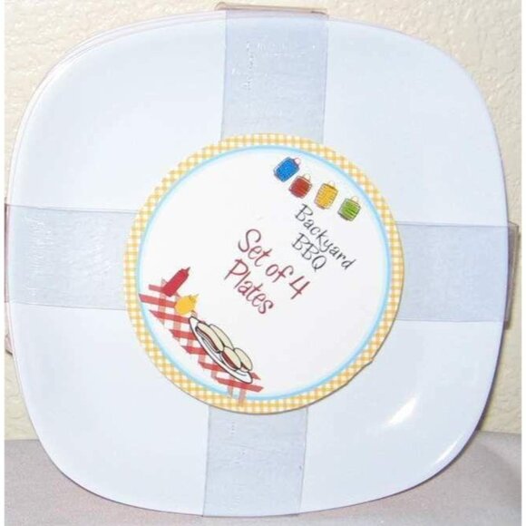 Backyard BBQ Set Of 4 Pink White Melamine 7" Square Plates Pool Picnic Outdoor - Picture 3 of 3